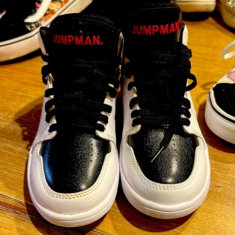 Nike Air Jordan 1Y white Black Red Jumpman.  Worn once, like new.